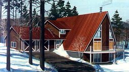 H-957-1B - 1800 finished square feet, A-frame house retreat with 2 car garage, passive solar sun room, great room, 3 bedrooms and 2 baths.