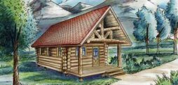 GLH-30 log cabin plans with covered front porch and a stone fireplace