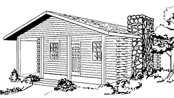 GLH-30 log cabin plans with covered front porch and a stone fireplace